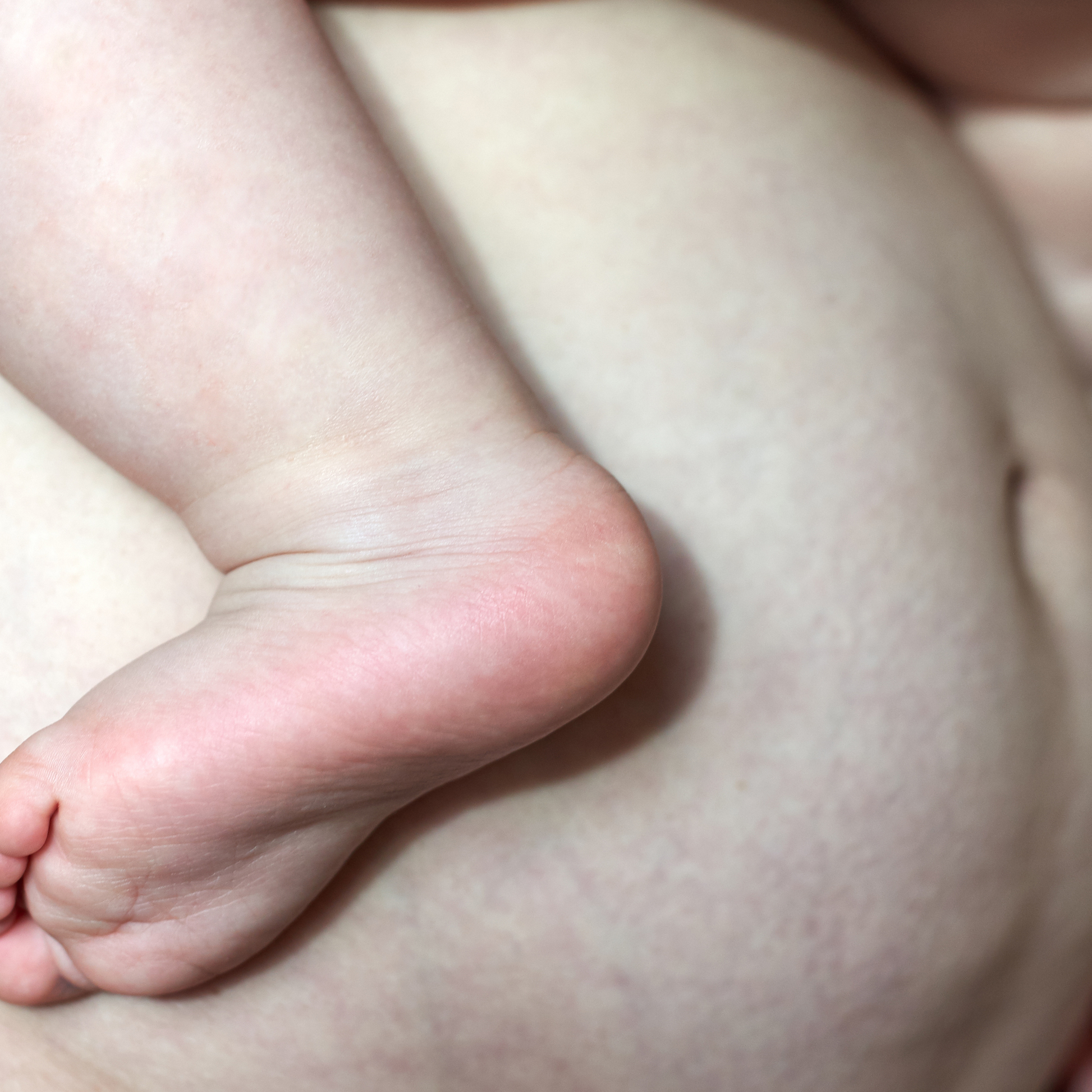 A baby's feet hugging around the belly of a postpartum person.  